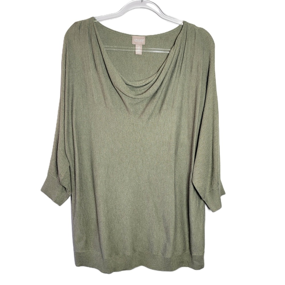 Chicos Sage Green Cowl Neck Dolman 3/4 Sleeve Cashmere Blend Sweater Size Large